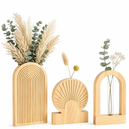 TBWIND Wooden Wall Vases Set of 3, Modern Farmhouse Arch Propagation Station with Glass Planter Tubes, Boho Fluted Hanging Decor for Entryway, Living Room & Narrow Spaces (Natural)