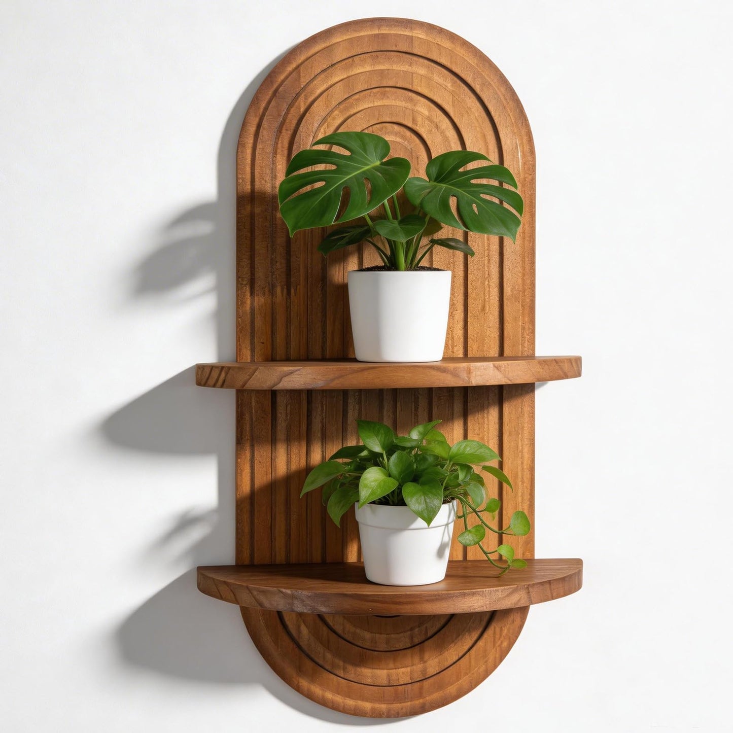 Vituney Boho Wall Shelf Decor Plant Wall Shelf Mid Century Modern Decor Hanging Plant Shelves, 2 Tier Wooden Art Floating Shelves for Home Bathroom Bedroom Living Room Planter