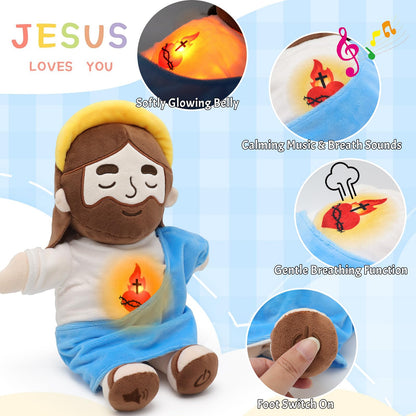 Yelakey Soothing Jesus Plush Toys with Light & Sound, 15" Jesus Stuffed Breathing Plushy Doll, Christian Catholic Religious Plushie Christmas Easter Gifts for Kids Baby (Blue)