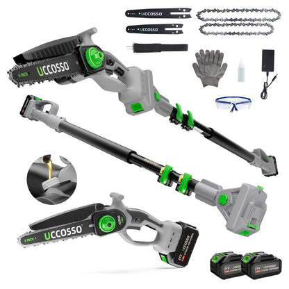 3-in-1 Electric Pole Saws for Tree Trimming 6&8" Mini Chainsaw Cordless with Extension Pole,850W Brushless Motor,Auto Oiling,Total Reach of Max 15ft,Pole Saw for Home & Garden & DIY-Gray