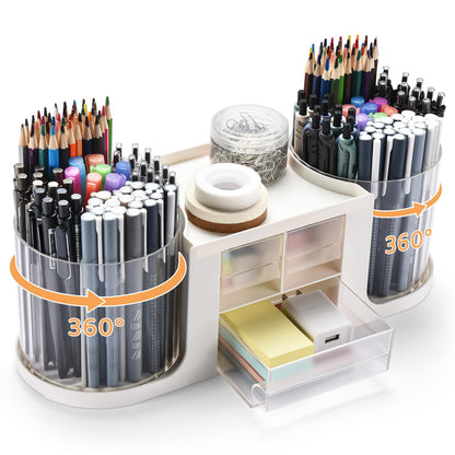 KLIONGO Rotating Desk Organizer with 2 Pen Holder, Desk Organizers and Accessories with 10 Slots Pencil Holder for Desk + 3 Drawer, Art Supply Storage Box Caddy for Office School Home (White)
