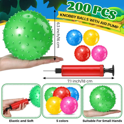 Lenwen 200 Pcs Kids Knobby Balls 6.3 Inch Soft Bouncy Balls Bulk for Toddlers Inflatable Sensory Toys with Air Pump Spiky Massage Stress Toys for Kindergarten Playground Backyard Pool, 5 Color