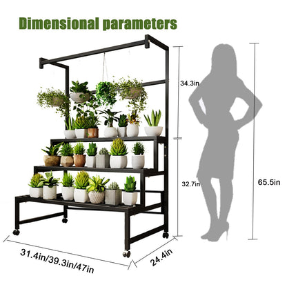 GFFQLXHT 4Tier Sturdy Metal Plant Stand with Wheels, 31x24x65 Inch HighBlack Multiple Tiered Flower Display ，Heavy Duty Succulent Shelf for Home Indoor and Outdoor，Stair Shape，440 LBS Capacity (31in)