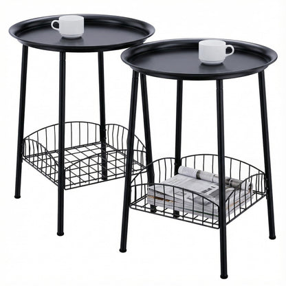 Luwesde 2 PCS Small Outdoor Side Table, 2-Tier Round Metal Patio Table, Accent Table Waterproof, Weather Resistant End Table for Yard Porch Pool Balcony Garden Bedside