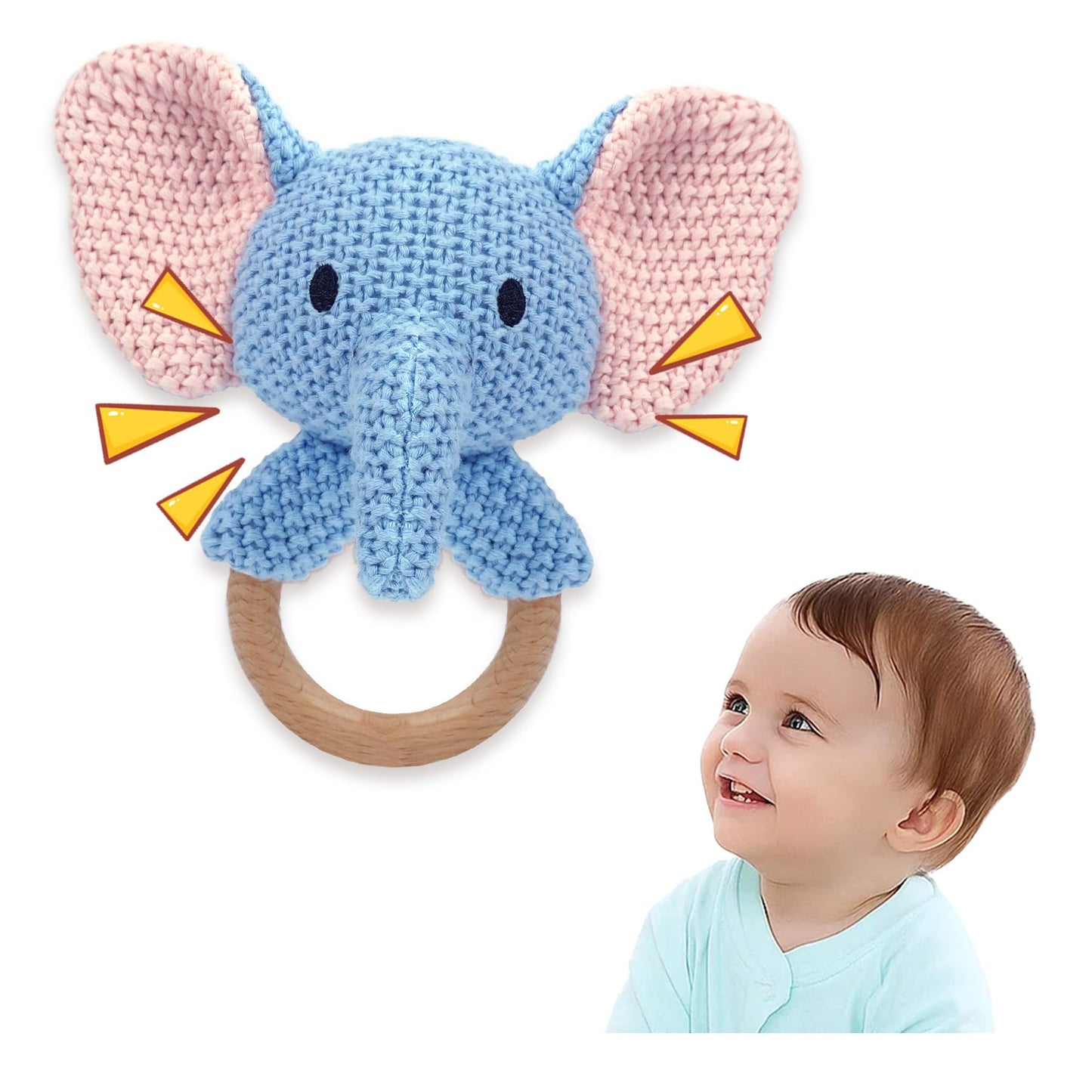 JUSTQUNSEEN Elephant Baby Rattle Teething Ring Hand Knitted CrochetCute Jungle Animal Sensory Toy for Baby Boys Girls 0-3 Months Plush Stuffed Texture Montessori Grasping Shaker Stroller Travel Gift