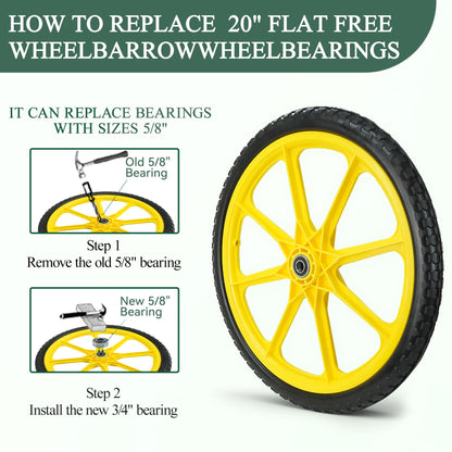 20” Flat Free Wheelbarrow Tires, 5/8” Extra 3/4”Bearing, with 2.45” Centered Hub, Replacement for Rubbermaid Wheelbarrow wheels, Garden Yard Cart, Big Wheel Utility Carts (Yellow, 2 pick)