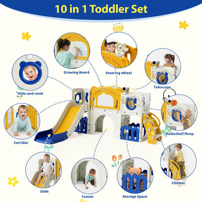Arlopu 10-in-1 Large Toddler Slide Set, Kids Slide Climber Playset with Drawing Board, Basketball Hoop, Sturdy Baby Playground, Indoor Outdoor Playhouse for Boys and Girls Upgraded (Yellow & Blue)