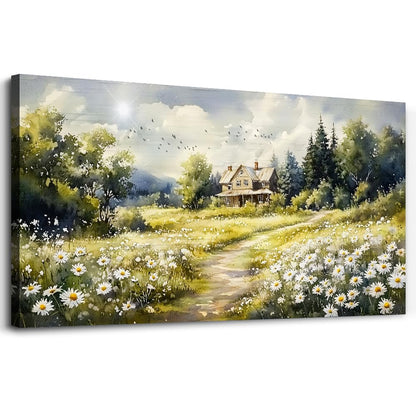 ERQINHUA Large Wall Art For Living Room Canvas Wall Decor For Bedroom Field Scenery Flower Watercolour Painting Office Decorations Stretched And Framed Wall Pictures Artwork Home Decor 30"X60"