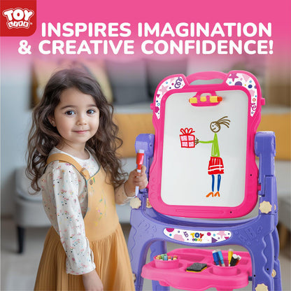 STEAM Life Art Easel for Kids, Double-Sided 4In1 Toddler Easel with Rotable Magnetic Chalkboard & White Drawing Board, Height Adjustable with Magnetic Letters & Numbers Gifts for Boys and Girls