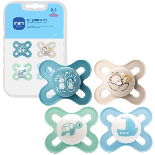MAM Original Start Baby Pacifiers 0-3 Months, BPA-Free Skin Soft Silicone Nipple, Glows in The Dark, Developed with Medical Experts Specially for Smaller Newborn Mouths, 4 Pk, Made in Europe