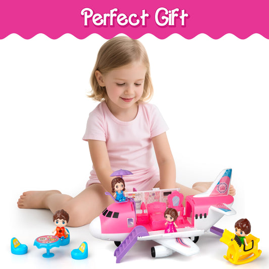 XDUOYJOY Pink Airplane Toy for Kids, Plane Toys with Dolls, Furniture and Accessories for Boys Girls Birthday, Toy Aircraft Push and Go Action, Easy to Store