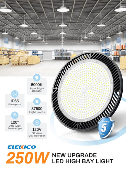 ELEKICO Super Bright 250w UFO LED High Bay Light 35000lm with Plug 5ft Cable (Eqv.1000w Mh/Hps/Hid),5000k High Bay Led Shop Lights Garage Lighting for Garage Factory Workshop Warehouse Barn -6pack
