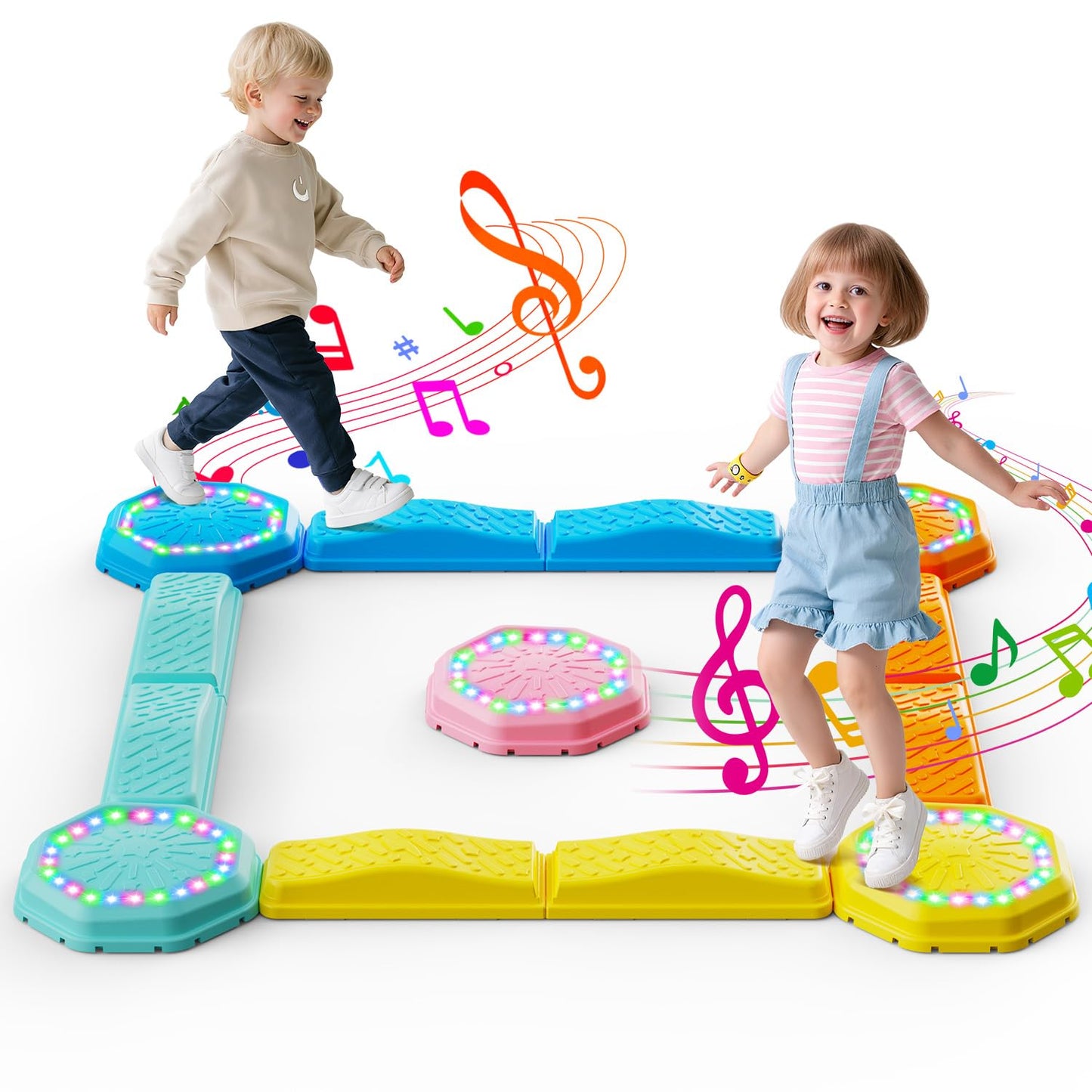 Holyton Light Up Stepping Stones for Kids with Music, 13PCS Balance Beam and Stepping Stone Set, Toddler Balance Beam Obstacle Course, Non-Slip Sensory Toys for Toddlers 3-8, Indoor Outdoor Play