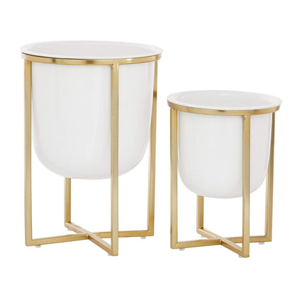 CosmoLiving by Cosmopolitan Metal Indoor Outdoor Planter Dome Small Planter Pot with Gold X-Shaped Stands, Set of 2 Planters 12", 10"H, White