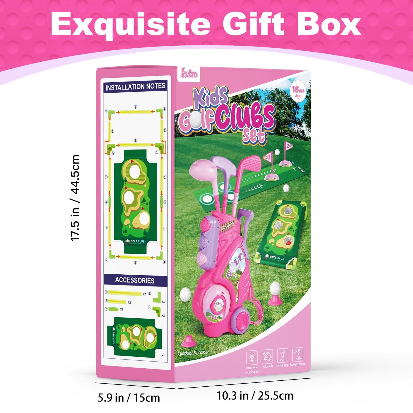 Jovizo Toddler Golf Set for Boys Girls 1 2 3 4 Years Old, Upgraded Kids Golf Cart with Putting Mat & Cornhole Board, Outdoor Indoor Sports Toys, Pink