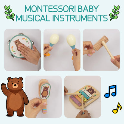 Wooden Musical Instruments Set for Toddlers, Natural Wood Percussion Instruments Xylophone Gift Set for Girls Boys Kids ,Preschool Educational Musical Toys with Storage Bag (Blue Set)