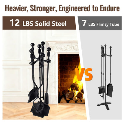 AMAGABELI Garden & Home 5 Pcs Fireplace Tools Set 31 Inch Indoor Black Handle Wrought Iron Large Fire Tool Accessories Set Holder Outdoor Fireset Modern Fire Pit Stand with Poker Brush Shovel Tong