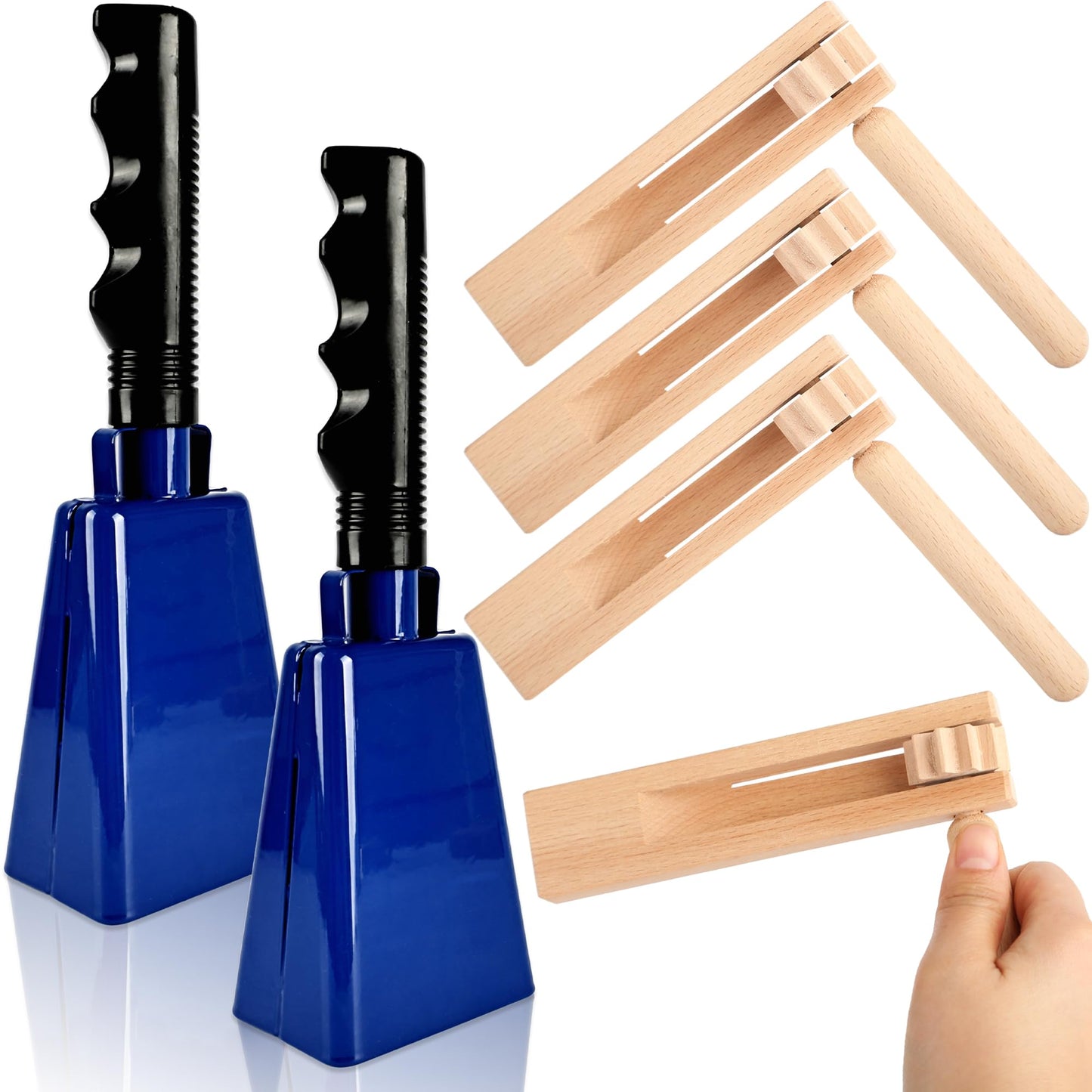 6 Pcs 9 Inch Cowbell Noise Makers Set 4 Wooden Spinning Rattle Ratchet Mexican Matraca 2 Steel Cowbell with Handle for Sporting Events Football Game Musical Percussion Instrument (Color Style 2)