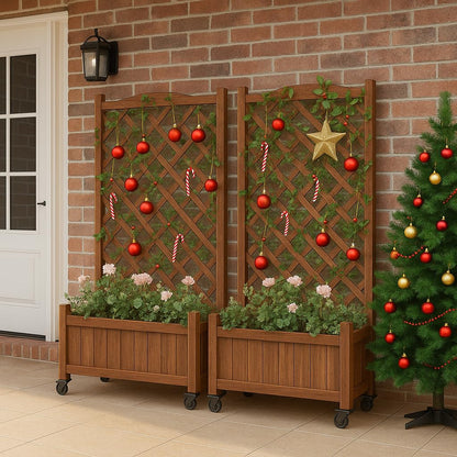 ScienGarden Upgraded 2-Pack 50" Tall Trellis Planter Box with Wheels, 49.8"H × 27.6"W × 13.0"D Solid Fir Wood Raised Garden Bed & Lattice Privacy Screen, Rolling Planter with Drainage for Patio/Garden