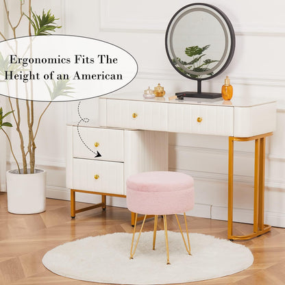 Cplxroc Ottomans Round Faux Fur Ottoman with Storage Footstools Vanity Chair Coffee Table Ottoman for Living Room (Pink)