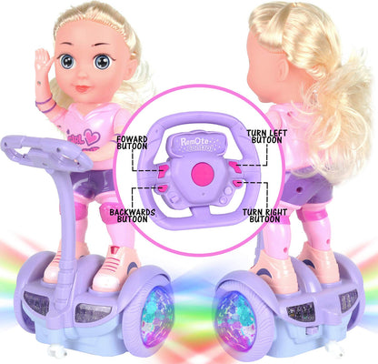 Doll Set with Remote Control Toy Electric Scooter for Kids with LED Lights Music and 360° Rotation