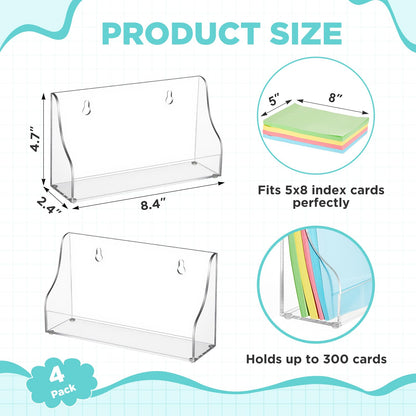 Dunzoom 4 Pack 5x8 Index Card Holder, 2-in-1 Desk & Wall Mounted Acrylic Index Card Display Stand, Includes Screws & Anchors, Clear Flash Notecard Organizer for Classroom, Office & Study