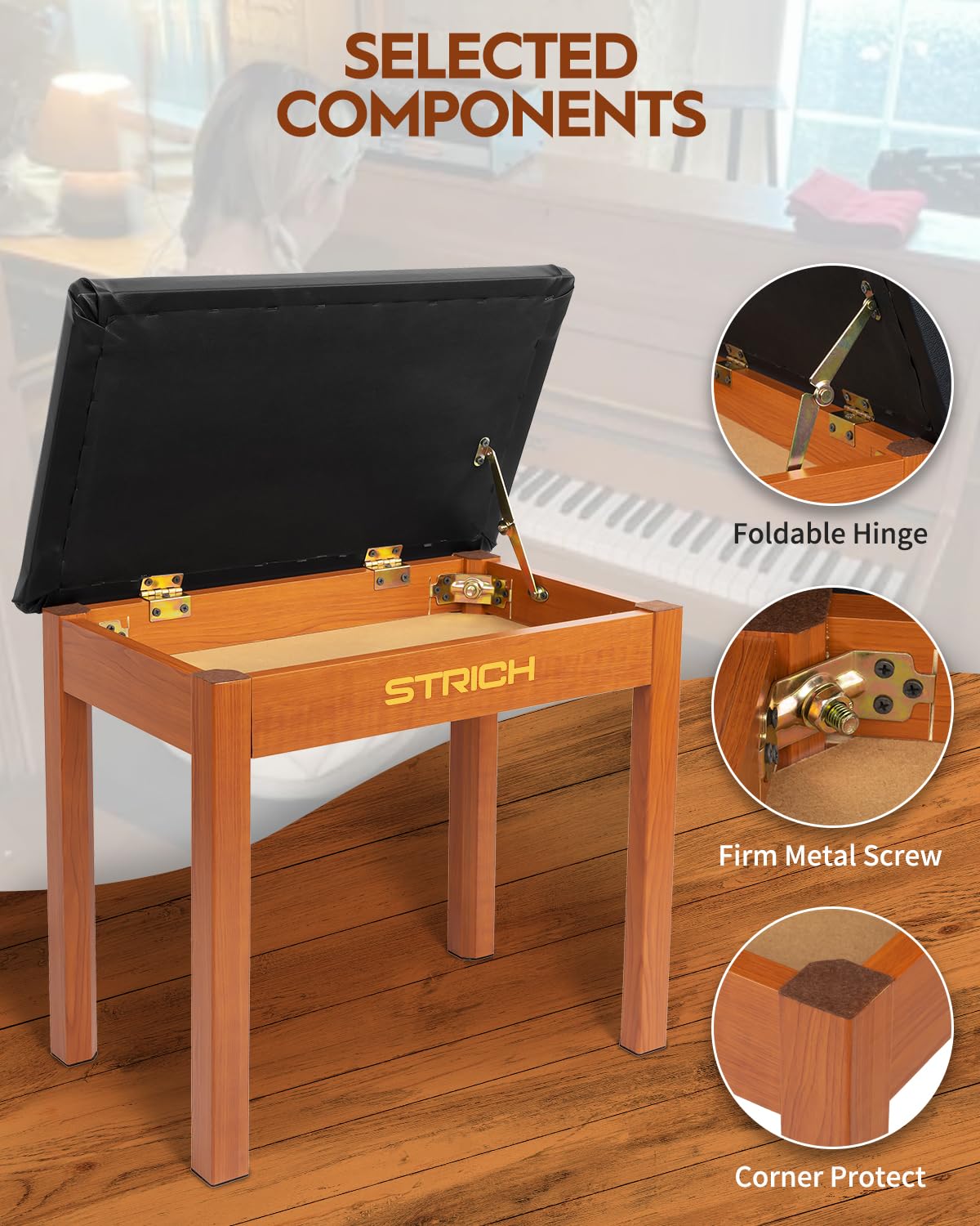 STRICH Piano Bench with Storage, Solid Wood Keyboard Bench Piano Bookcase Stool Chair Seat with Padded Cushion, Mahogany Color