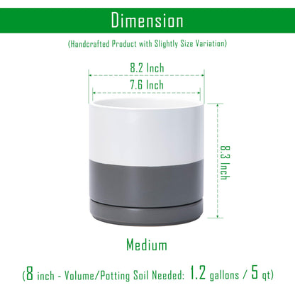 D'vine Dev Set of 2 Plants Pots, 8.2 Inch Ceramic Planter Pot for Plants with Drainage Hole and Saucer, White/Speckled Grey, 94-V-D-6