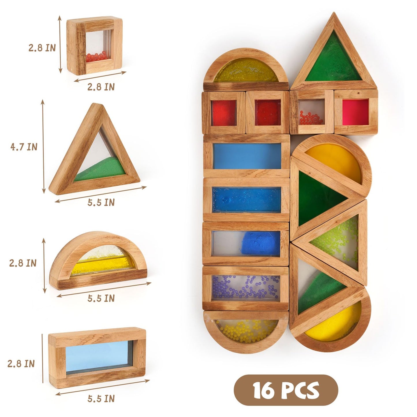 AXEARTE Large Rainbow Wooden Building Blocks for Toddlers Baby Kids, 16 Pcs Colorful Geometry Stacking Construction Toy Set Sensory Toys, Preschool Educational Toy for Boys & Girls