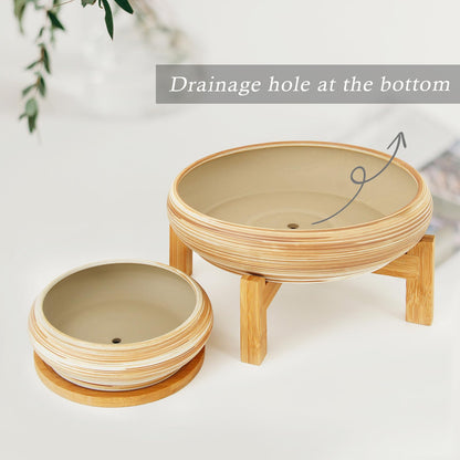 Succulent Pots - 7.3/10 Inch Large Plant Pot Ceramic Bonsai Planter with Drainage Tray, Shallow Planters for Succulents Cactus Flower Small Plants Birthday Gifts for Women