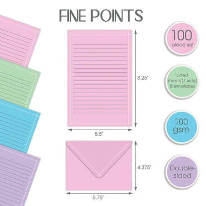 Better Office Products Mini Stationery Set, 100 Piece Set (50 Lined Sheets + 50 Matching Envelopes), 4 Solid Colors, Thin White Border, 5.5 x 8.25 inch, Double Sided Printing, One Side Lined Paper,
