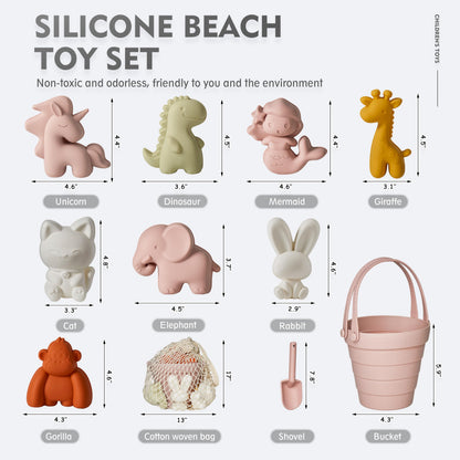 MarcZero 11Pcs Silicone Beach Toys,Collapsible Sand Bucket,Modern Baby Beach Toys,Travel Friendly Beach Set,Silicone Bucket,Shovel,Sand Molds, Beach Bag,Silicone Sand Toys for Toddlers, Kids (Pink)