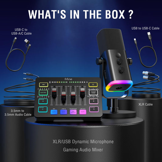 FIFINE Gaming Equipment Bundle, Dynamic XLR/USB Gaming Microphone Set with Streaming Audio Mixer for Podcast Recording Video Vocal, RGB Gamer Set with Volume Fader/XLR Interface for PC-AmpliGame KS5