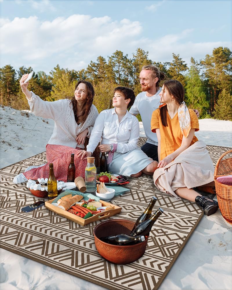 Outdoor Rug Carpet 9x12 ft, Flatweave Textured Outdoor Patio Rug Non Slip Indoor Outdoor Rugs with Rubber Particles Backing Boho Outdoor Area Rug for Patio Deck Front Porch Backyard Balcony, Brown