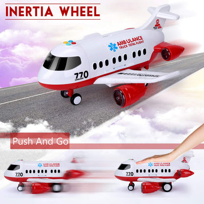 Acksonse Airplane Toy Kids Plane 15 Inches Large with Light and Sound for 3 4 5 6 7 Year Old Boys Girls Toddlers, Ambulance Aircraft Toy Vehicle Play Set with Traffic Signs and 6 Rescue Trucks