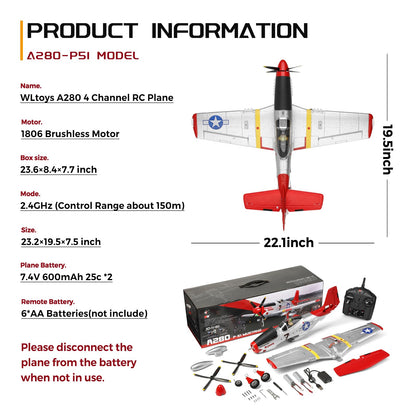 CKYSCHN WLtoys XK A280 RC Airplane, P51 Mustang 4 Channel RC Plane with Lights, 6G/3D Brushless RC Planes, 2.4G Remote Control Airplane, Hobby RC Planes Gifts for Adults