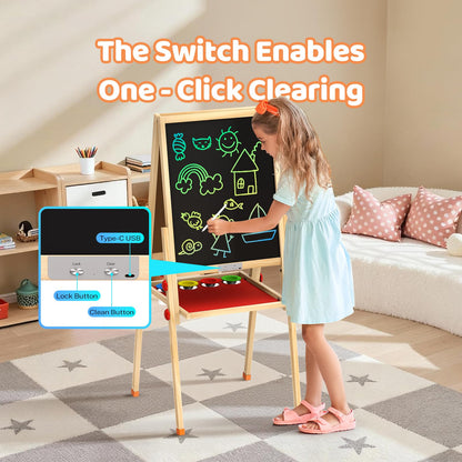 JOYOOSS LCD Easel for Kids Ages 4-8 Easels for Toddlers Art Kids Easel Ages 8-12 Light Up Wooden Drawing Easels Magnetic White Board with Paper Roll for Kid LCD Dry Erase Board