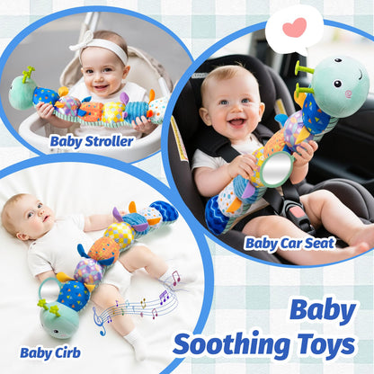 Baby Toys 0-6 Month, Musical Caterpillar Rattle, Infants Sensory Toy with Mirror Crinkle Textures, Newborn Developmental Tummy Time Stuffed Plush Animal toys for Babies Boys Girls 3-6-12 Months (Blue)