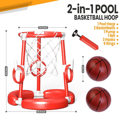 SpringFlower Pool Basketball Hoop,Floating Pool Toys Ring Game with Ring Toss, Balls and Pump, 2-in-1 Summer Outdoor Swimming Pool Basketball Games Play Toy Family Party for Kids Adults, Red