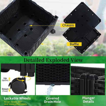 FOLLOOK Planter Box with Trellis Outdoor, 53.1in Plastic Raised Garden Bed with Trellis Hanging Roof for Vine Flower, with Lockable Wheels & Drain Plug for Patio Backyard Balcony, Black, 1 Pc