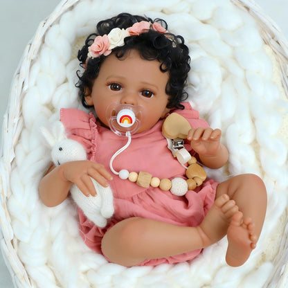 SCOM 18 Inch Reborn Baby Doll Black Girl - Realistic African American Newborn Girl Dolls, Real Lifelike Dolls with Soft Weighted Body, Poseable Real Baby Reborn Gift Toy for 3+ Years Old Kids