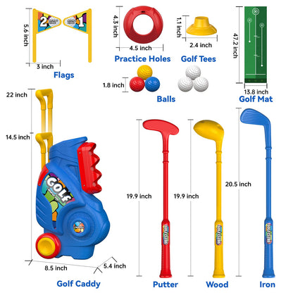 Liberry Toddler Golf Set with Putting Mat for 2 3 4 Years Old Boys Girls, Upgraded Kids Golf Cart with Unique Shoulder Strap Design, Indoor and Outdoor Golf Toys Gifts