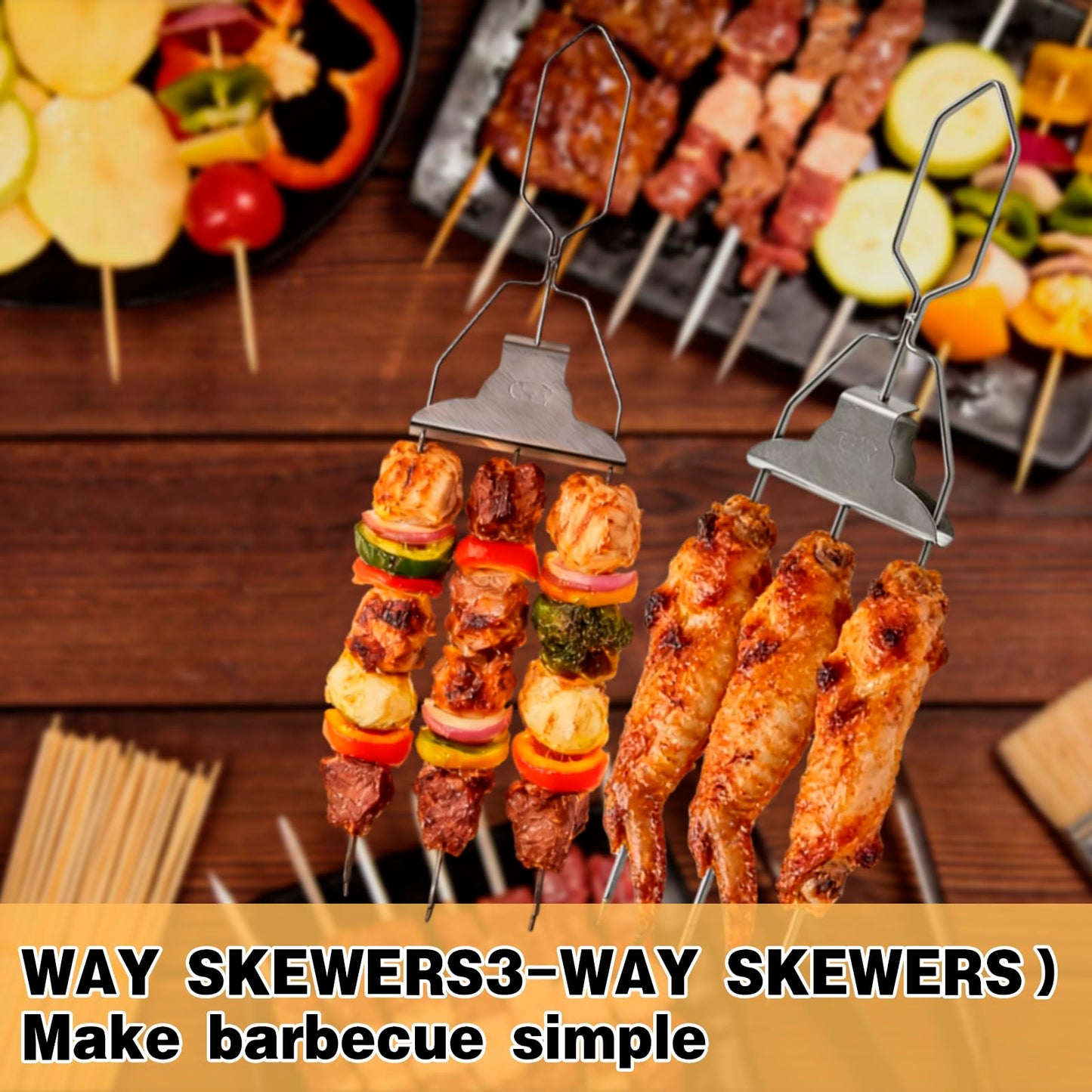 YQGQSUAK 7 Pack 15 Inch 3 Prong Kabob Skewers, Stainless Steel Grill Skewers with Push Slider Bar, Reusable Metal BBQ Sticks for Meat, Chicken, Veggies and Outdoor Cooking