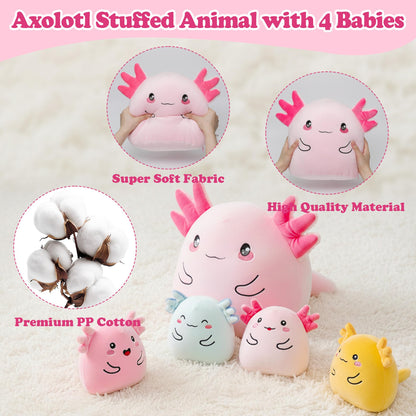 Axolotl Plush with 4 Babies Inside - 13 Inch Mommy Axolotl Plush Interactive 4 Colorful Baby in Tummy 5-Piece Cute Big Axolotls Adopt Toy Plushies for Girls Boys 0-8 Kids Birthday Baby ShowerGift