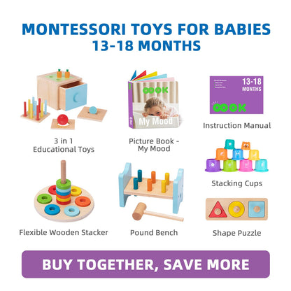TOOKYLAND Montessori Toys for 1 Year Old, 8 in 1 Learning Educational Set Wooden Toys (Includes Stacking Cups, 3-in-1 Educational Box, Pound Bench, Shape Puzzle and More)