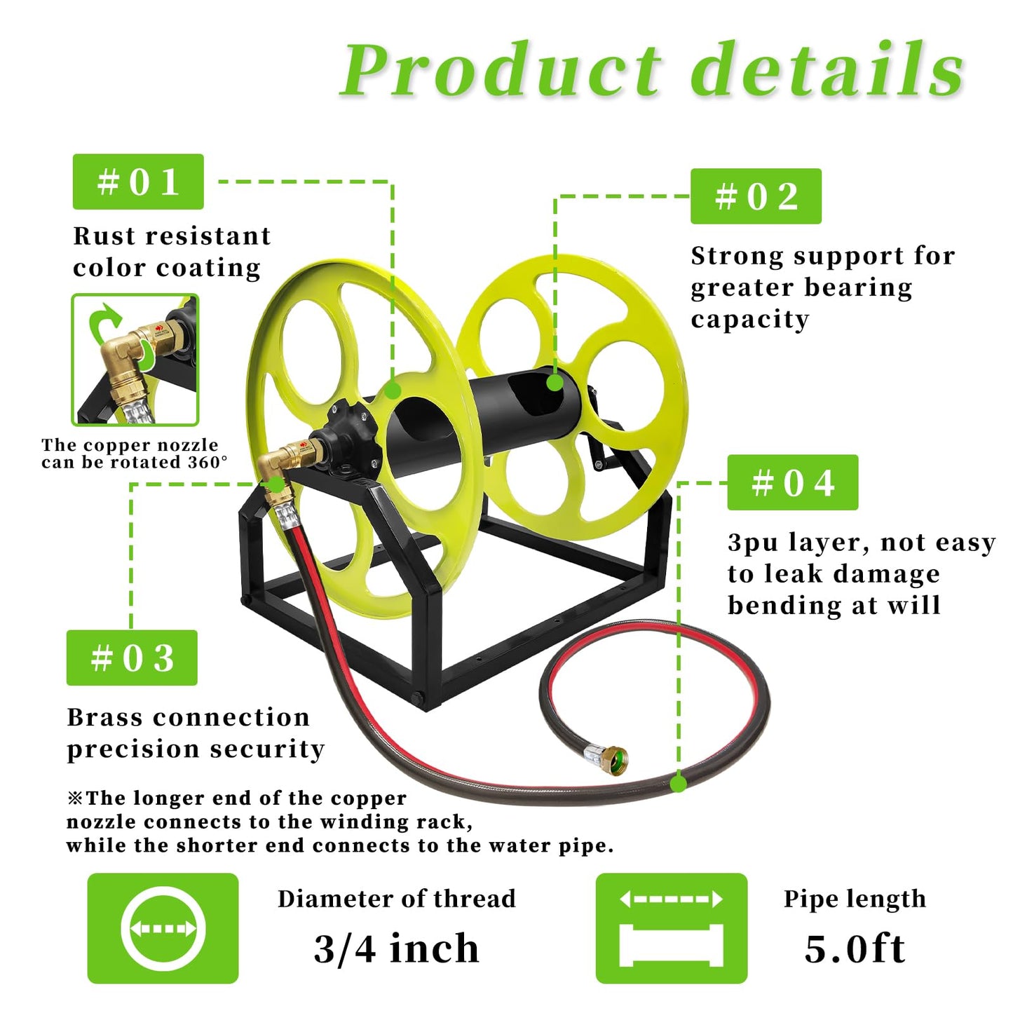 Garden Hose Reel Heavy Duty ，for 5/8" Hose Reel with Crank Handle Retractable, Wall/Floor Mount Metal Hose Reel, Holds up to 400-Feet. (With 5 FT Hose included)