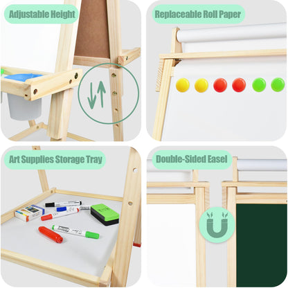 Joyooss Art Easel for Kids with Double-Sided Magnetic, Wooden Standing Kids Easel with Dry Erase Whiteboard & Chalkboard, Height Adjustable Children Easel with Paper Roll, Bonus Toddler Art Supplies