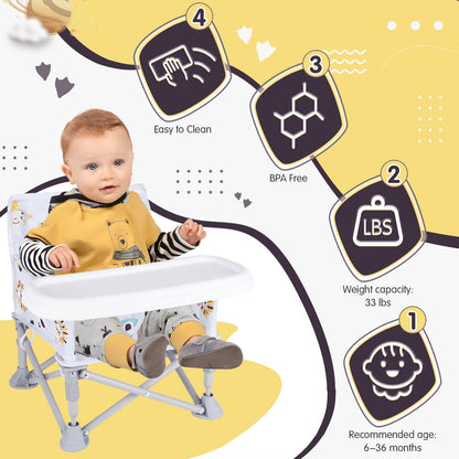Furmubei Portable Baby Booster Seat with Tray, Toddler Booster seat for Dining, Camping, Travel, Baby Beach Chair 6 Months to 3 Years Old Indoor Outdoor Use CH2407