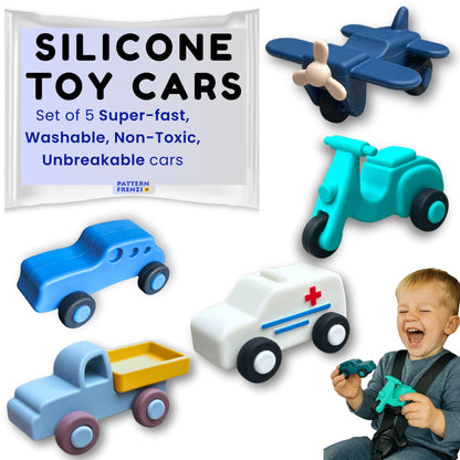 Silicone Toy Cars for Kids Ages 3+ – Soft, Safe Non-Toxic Silicone Cars with Smooth Rolling Wheels, Quiet Play, Push and Go Car Toys, Food Grade Silicone Toys, No Hole Bath Toy Mold Free, 5 Pack Set