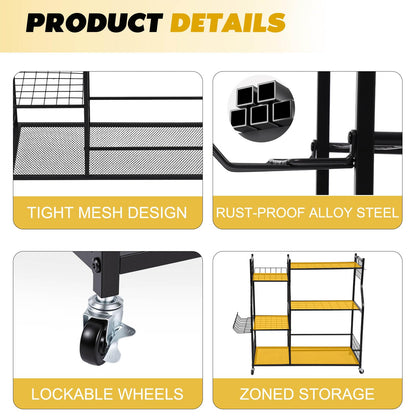 Garden Tool Organizer Rolling Cart Large Capacity Rust-Resistant Metal Tool Cart with Wheels Hooks Garage Shed Yard Outdoor Storage Rack Suitable for Long-Handled Tools/Rakes/Shovels